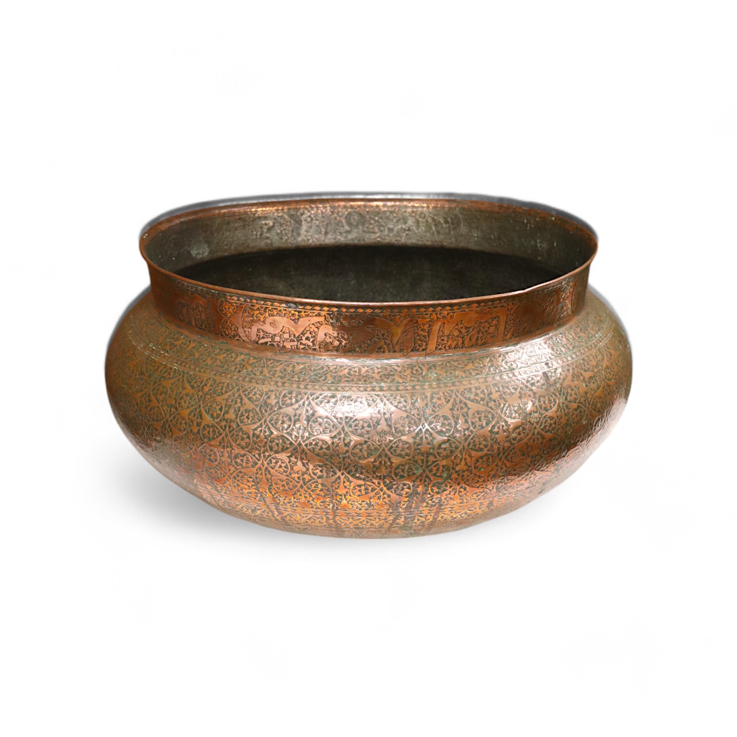 A large Indian copper pot, 40cm diameter. Condition - poor to fair